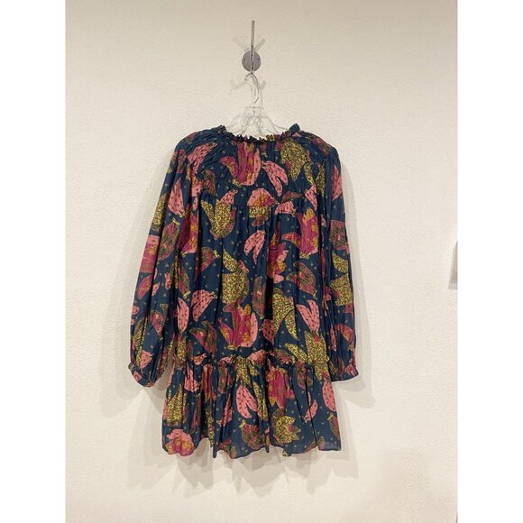 Farm Rio Banana Dress Womens Large Blue Pink Floral Boho Long Sleeve Tiered - Picture 5 of 5